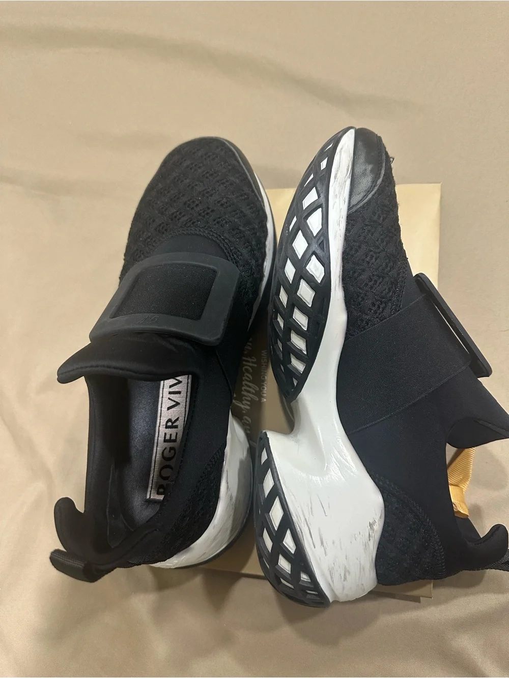 Roger Vivier Black Knit Slip-On Sneakers with Signature Buckle